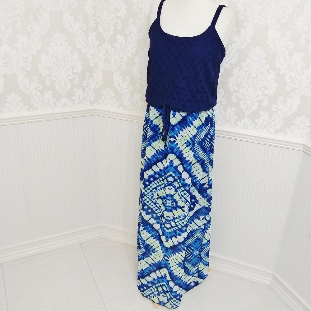Faded Glory Long Maxi Blue Sundress Dress Beachy Vacation Juniors Size Medium